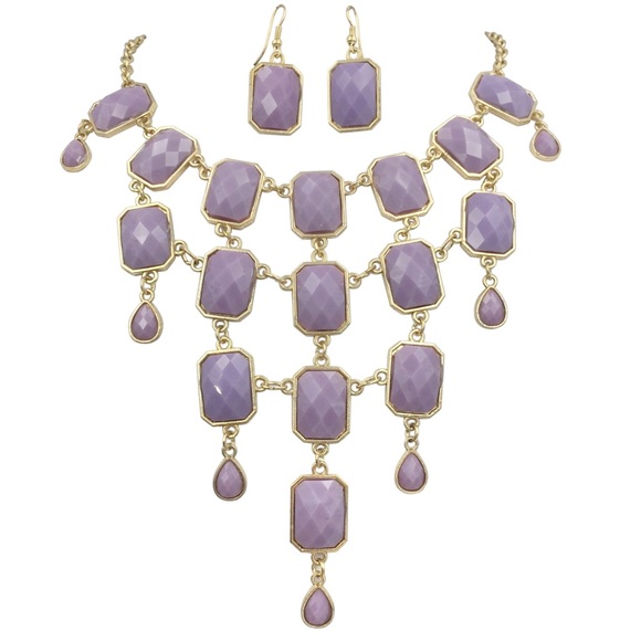 Lavender Purple Statement Bib Necklace Earring Set - Picture 1 of 3